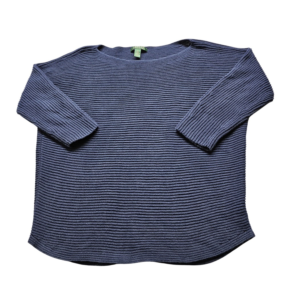 Lauren Ralph Lauren Ribbed Knit Sweater Womens M Navy Blue 3/4 Sleeve Boat Neck